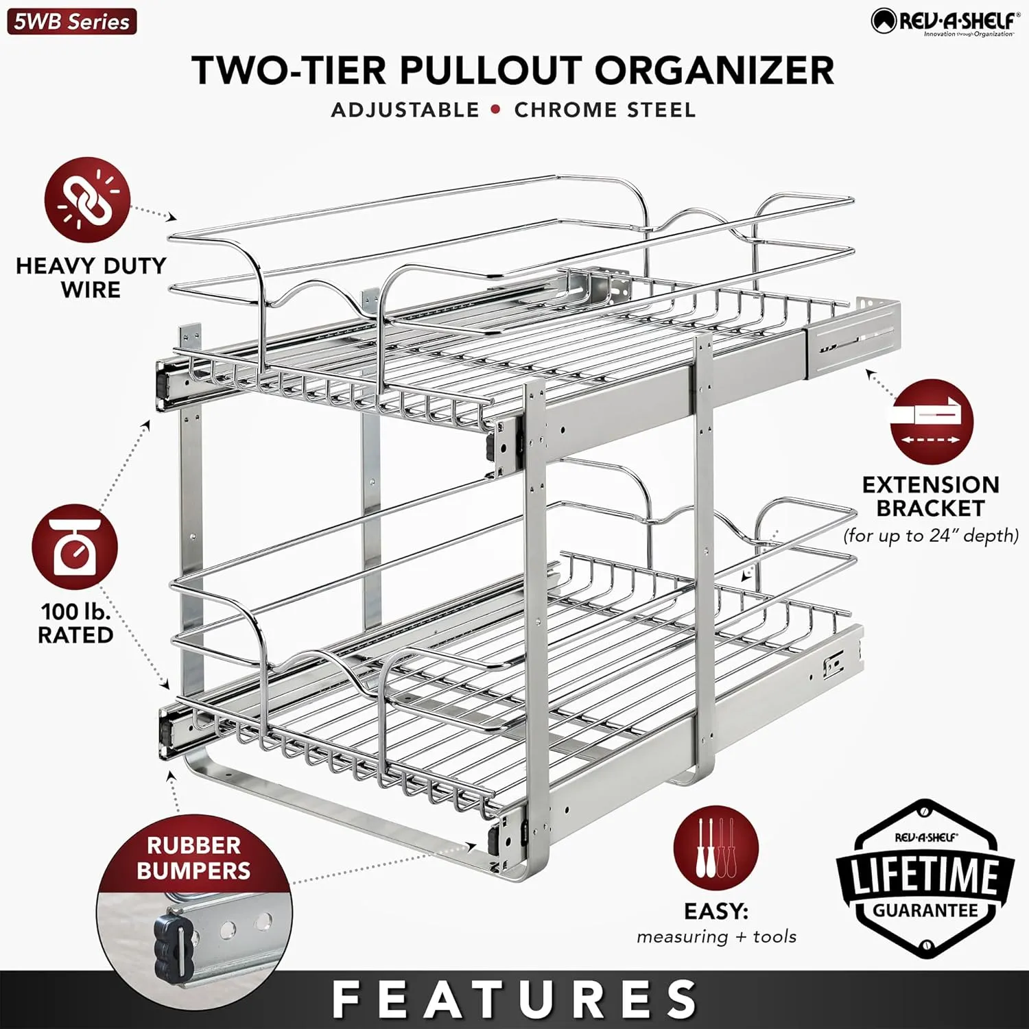 Rev-A-Shelf 2-Tier Kitchen Cabinet Pullout Shelf and Drawer Organizer Slide Out Pantry Storage Basket in Multiple Sizes, 15 x 22 In, 5WB2-1522CR-1