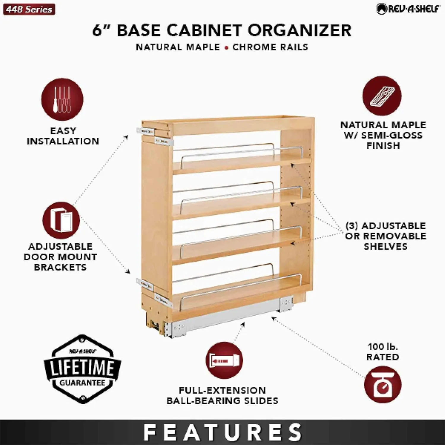 Rev-A-Shelf 6.5" Pullout Kitchen Cabinet Storage Organizer Slide Out Pantry Spice Rack with Adjustable Shelves, Natural Maple, 448-BC-6C