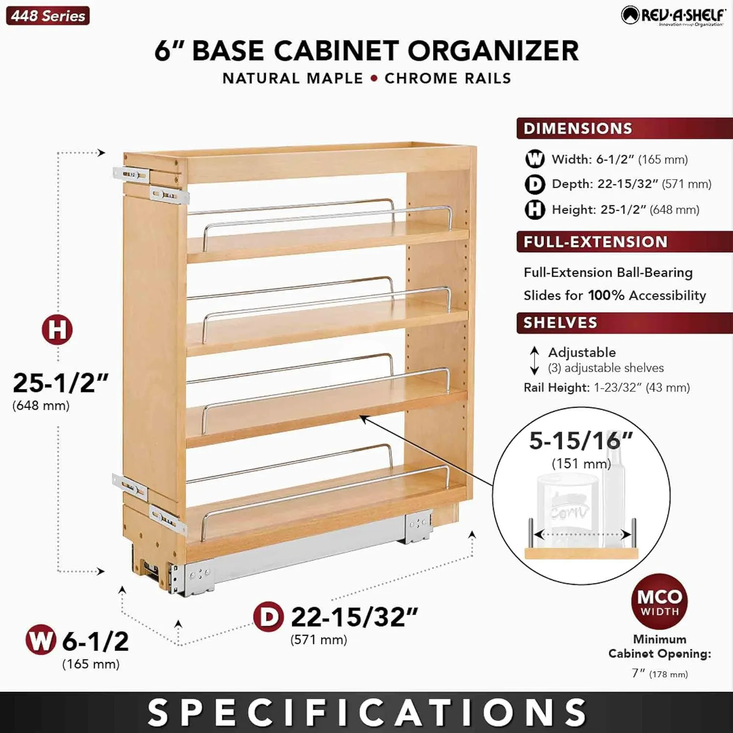 Rev-A-Shelf 6.5" Pullout Kitchen Cabinet Storage Organizer Slide Out Pantry Spice Rack with Adjustable Shelves, Natural Maple, 448-BC-6C