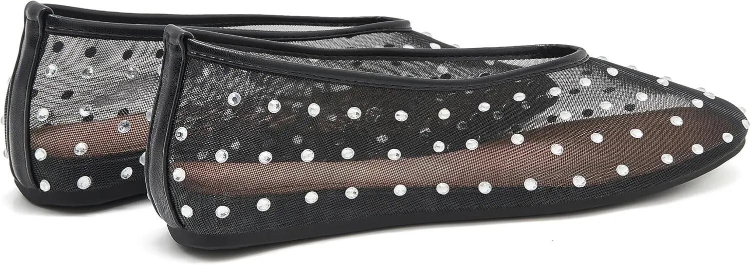 Rhinestone Ballet Flats for Women Crystal-Embellished Mesh Ballerina Shoes Comfortable Casual Dress Flat Shoe
