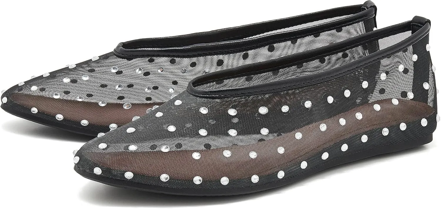 Rhinestone Ballet Flats for Women Crystal-Embellished Mesh Ballerina Shoes Comfortable Casual Dress Flat Shoe