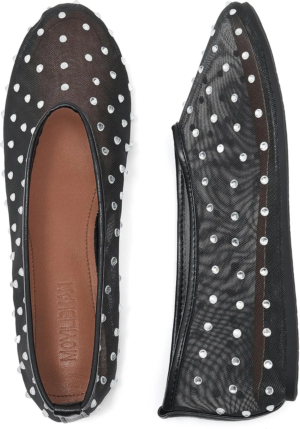 Rhinestone Ballet Flats for Women Crystal-Embellished Mesh Ballerina Shoes Comfortable Casual Dress Flat Shoe
