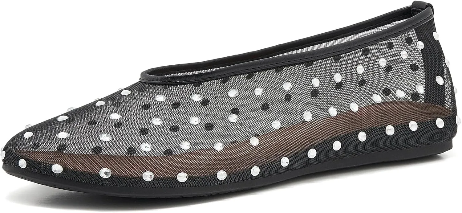 Rhinestone Ballet Flats for Women Crystal-Embellished Mesh Ballerina Shoes Comfortable Casual Dress Flat Shoe
