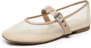 Rihero Mesh Ballet Flats for Women Square Toe Buckle Strap Mary Jane Flats Comfortable Casual Ballerina Shoes