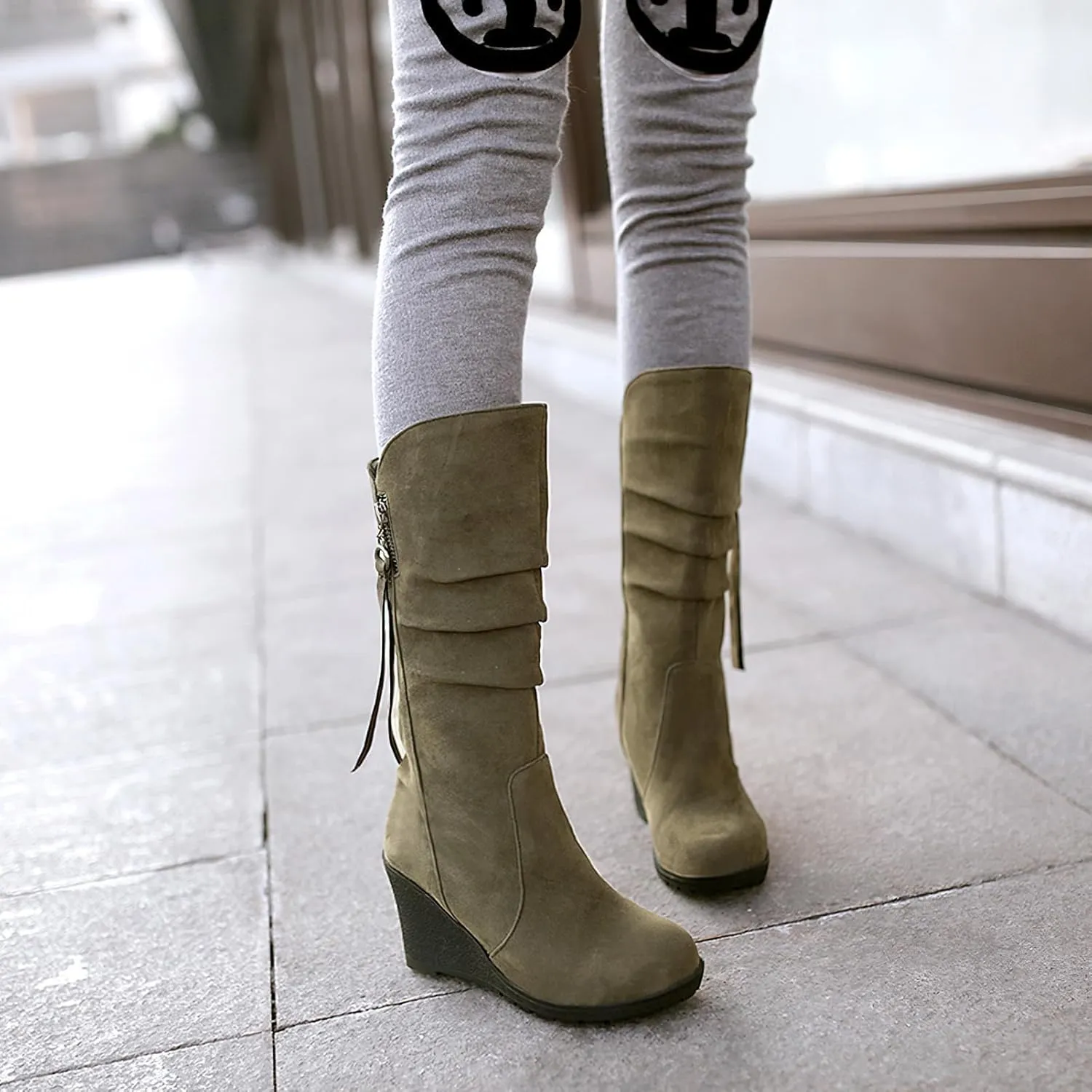 rismart Women Mid Calf Slouch Boot Wedge Heel Thin Fur Lined Suede Leather Winter Shoes