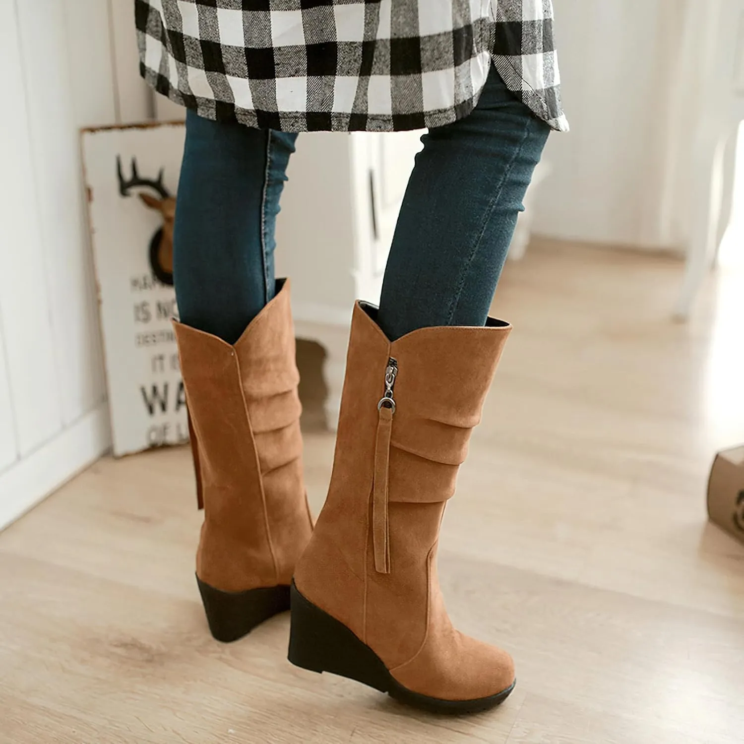 rismart Women Mid Calf Slouch Boot Wedge Heel Thin Fur Lined Suede Leather Winter Shoes