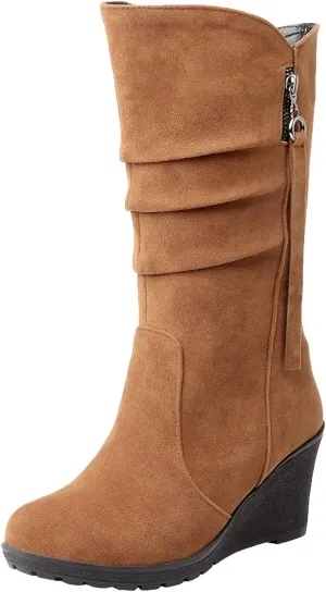 rismart Women Mid Calf Slouch Boot Wedge Heel Thin Fur Lined Suede Leather Winter Shoes
