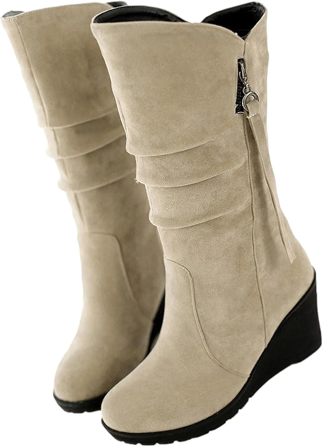 rismart Women Mid Calf Slouch Boot Wedge Heel Thin Fur Lined Suede Leather Winter Shoes