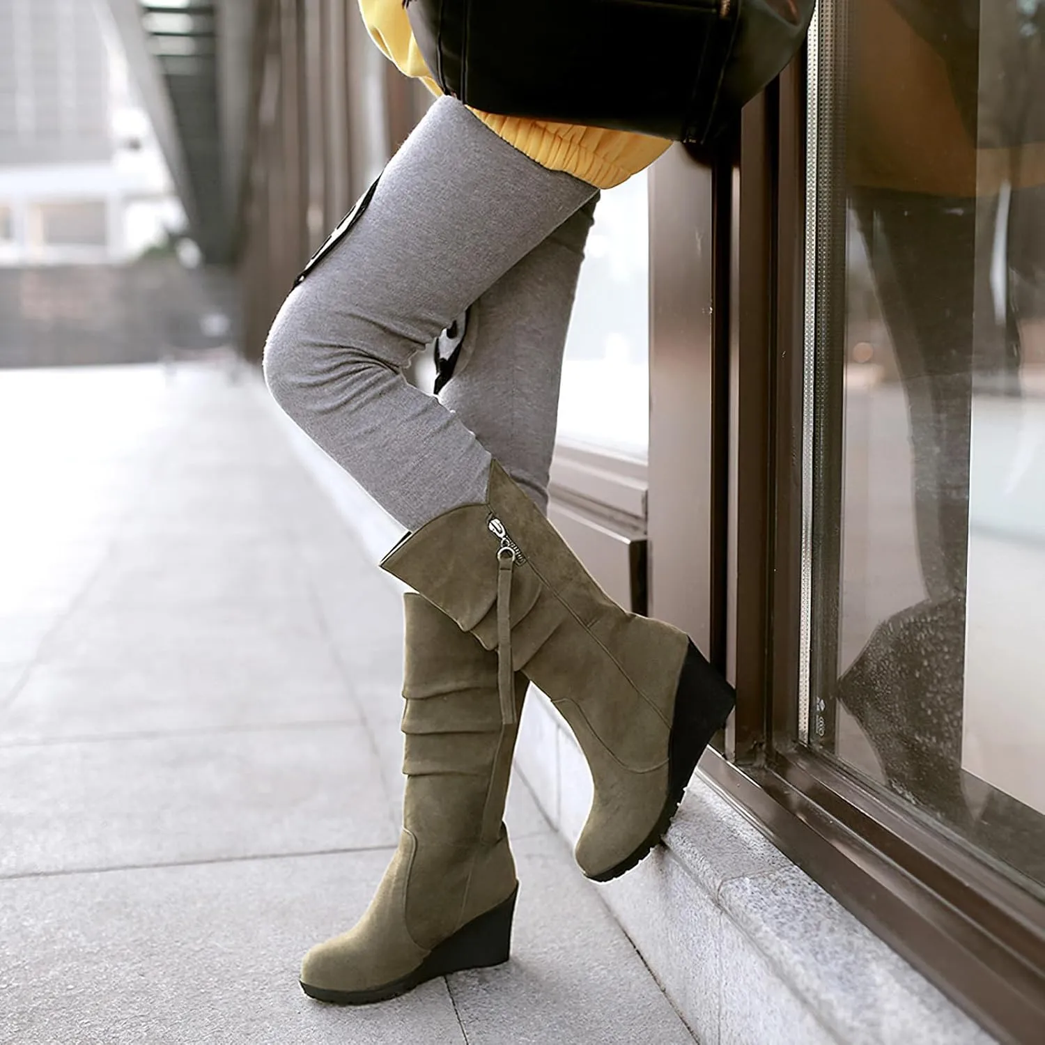 rismart Women Mid Calf Slouch Boot Wedge Heel Thin Fur Lined Suede Leather Winter Shoes
