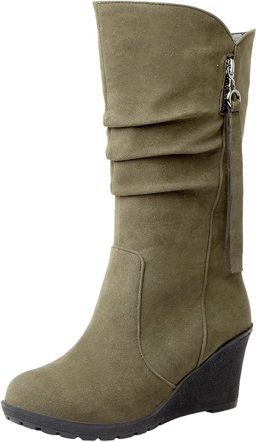 rismart Women Mid Calf Slouch Boot Wedge Heel Thin Fur Lined Suede Leather Winter Shoes
