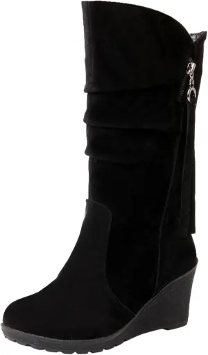 rismart Women Mid Calf Slouch Boot Wedge Heel Thin Fur Lined Suede Leather Winter Shoes
