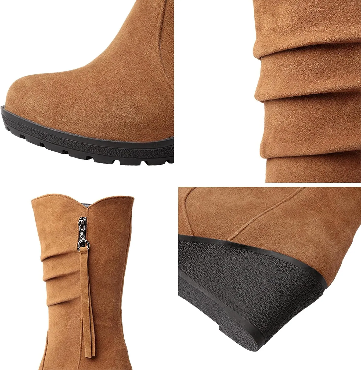 rismart Women Mid Calf Slouch Boot Wedge Heel Thin Fur Lined Suede Leather Winter Shoes