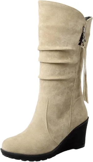rismart Women Mid Calf Slouch Boot Wedge Heel Thin Fur Lined Suede Leather Winter Shoes