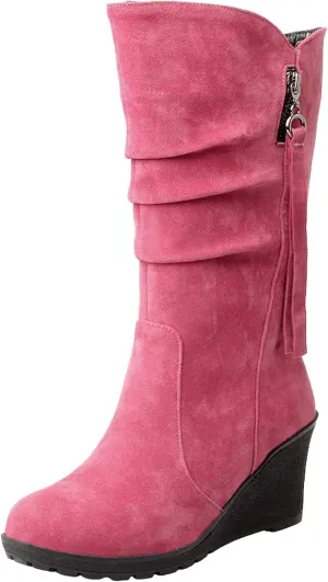rismart Women Mid Calf Slouch Boot Wedge Heel Thin Fur Lined Suede Leather Winter Shoes