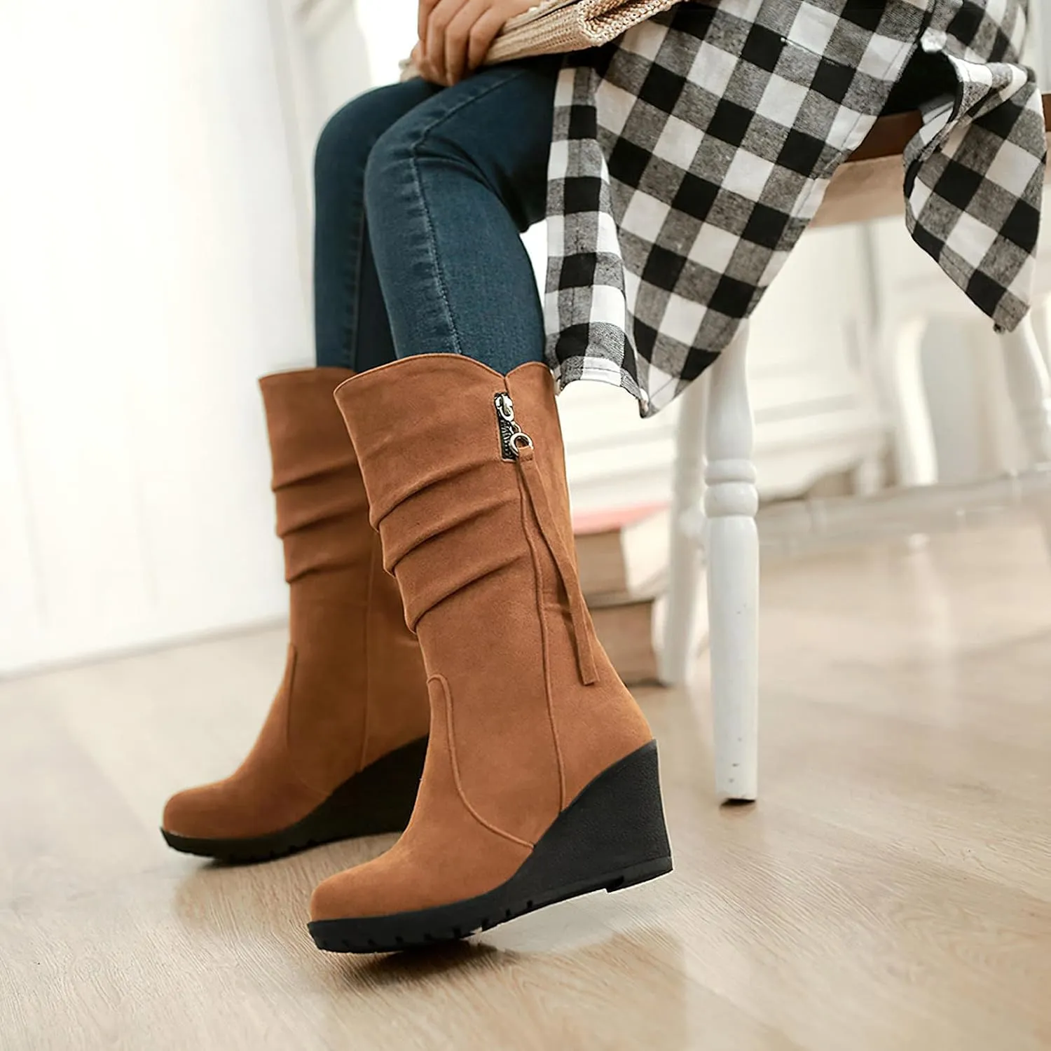 rismart Women Mid Calf Slouch Boot Wedge Heel Thin Fur Lined Suede Leather Winter Shoes