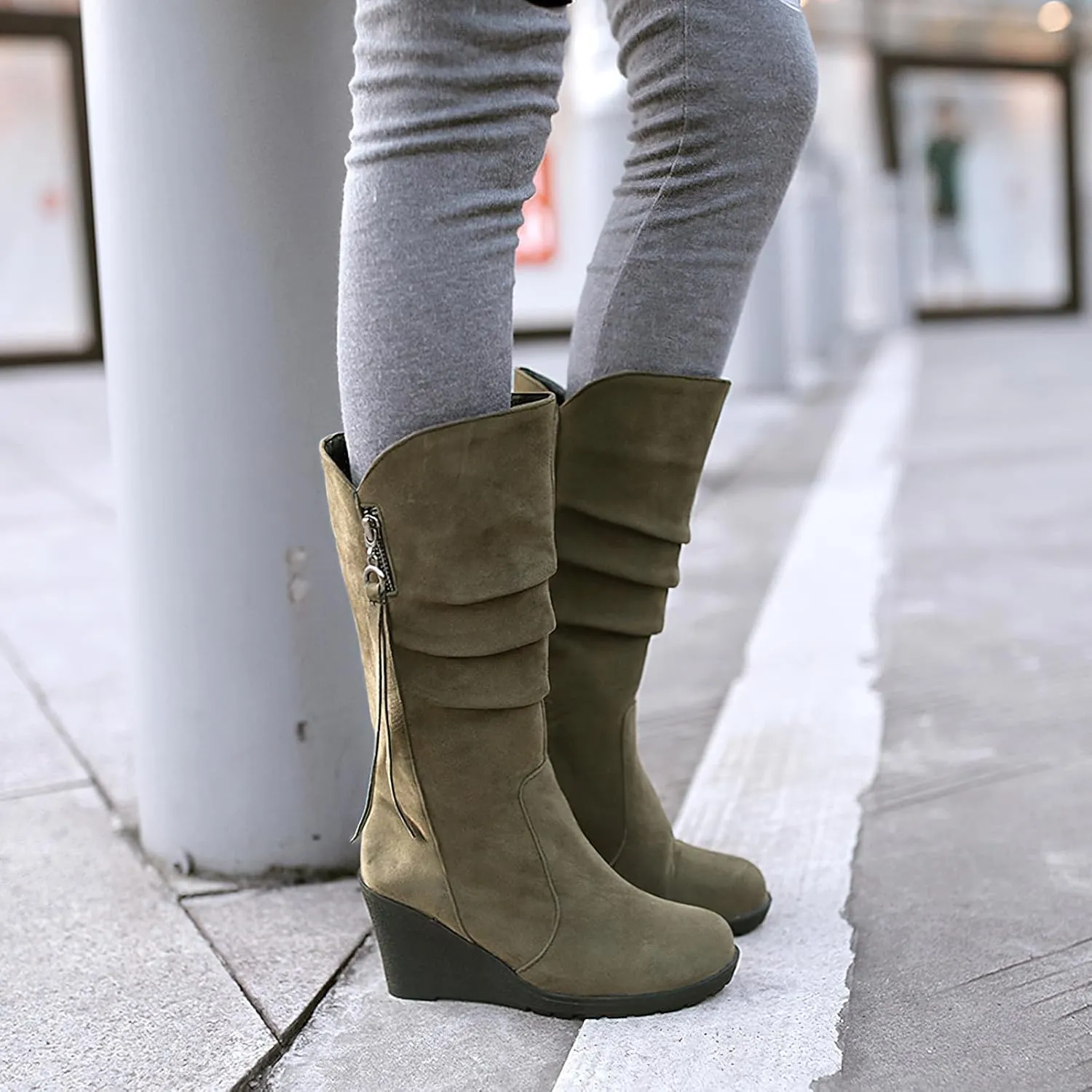 rismart Women Mid Calf Slouch Boot Wedge Heel Thin Fur Lined Suede Leather Winter Shoes