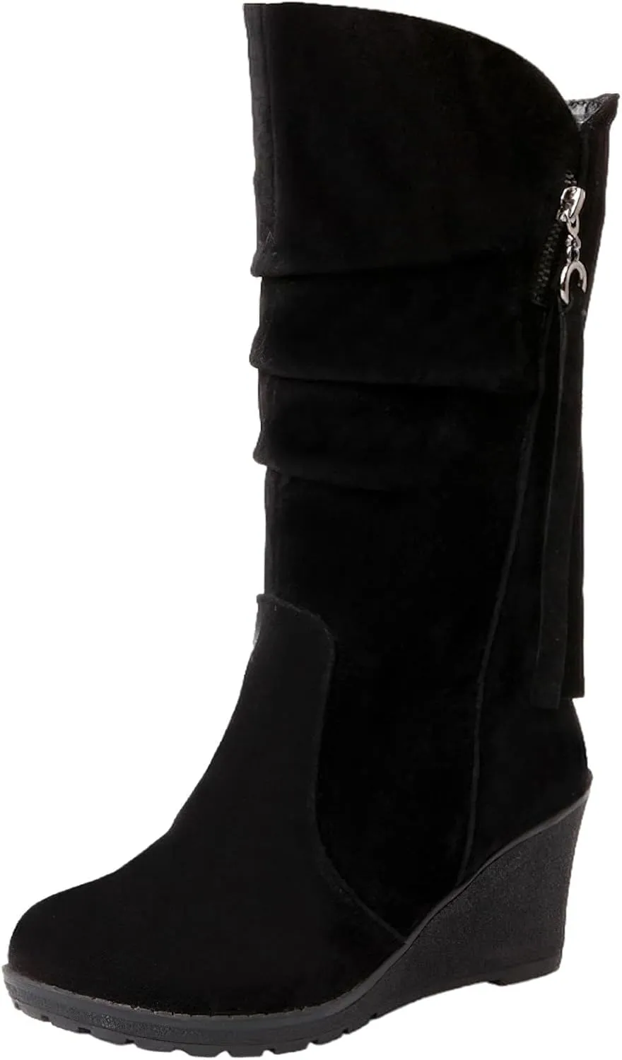 rismart Women Mid Calf Slouch Boot Wedge Heel Thin Fur Lined Suede Leather Winter Shoes