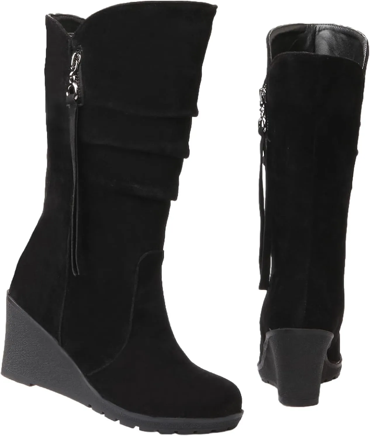 rismart Women Mid Calf Slouch Boot Wedge Heel Thin Fur Lined Suede Leather Winter Shoes