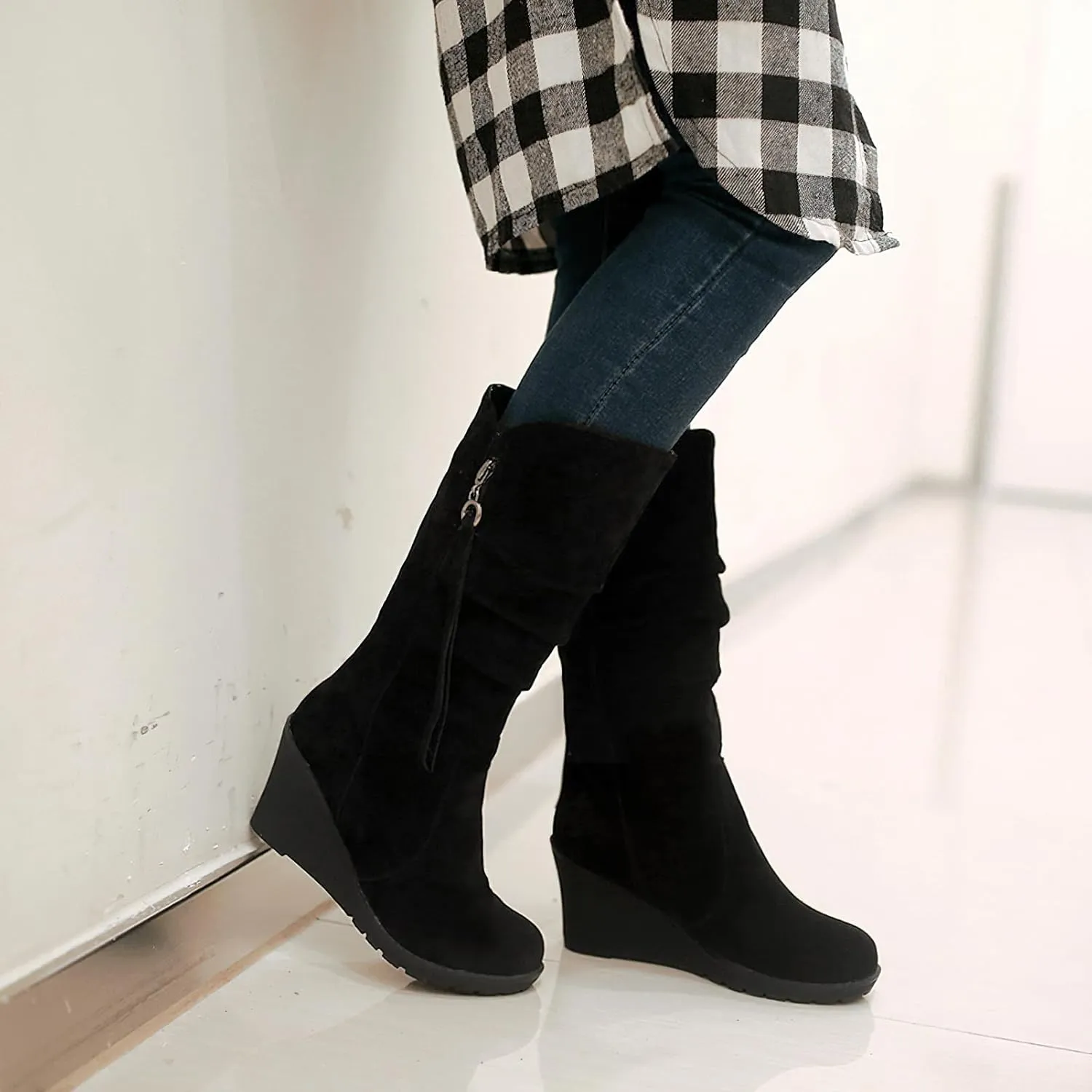 rismart Women Mid Calf Slouch Boot Wedge Heel Thin Fur Lined Suede Leather Winter Shoes