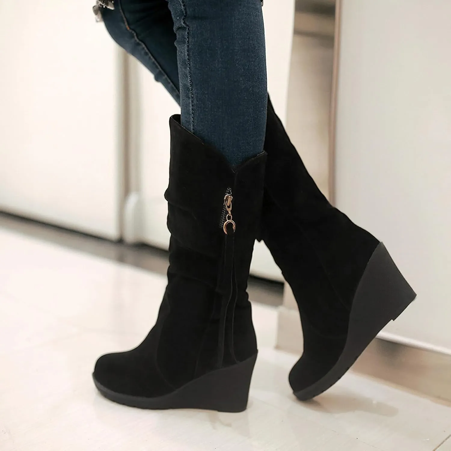 rismart Women Mid Calf Slouch Boot Wedge Heel Thin Fur Lined Suede Leather Winter Shoes
