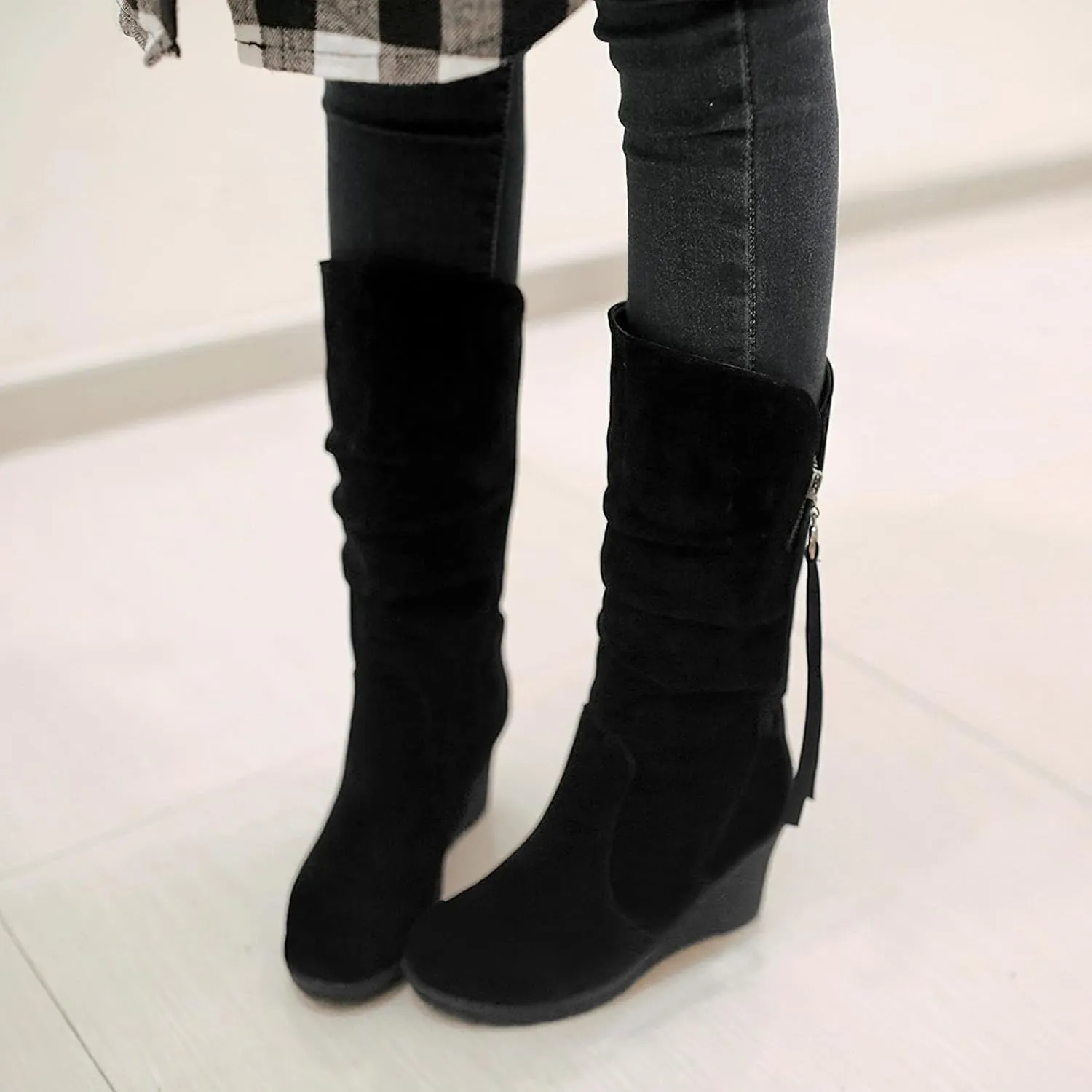 rismart Women Mid Calf Slouch Boot Wedge Heel Thin Fur Lined Suede Leather Winter Shoes
