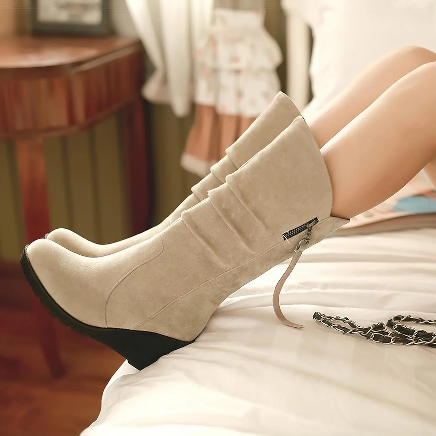 rismart Women Mid Calf Slouch Boot Wedge Heel Thin Fur Lined Suede Leather Winter Shoes