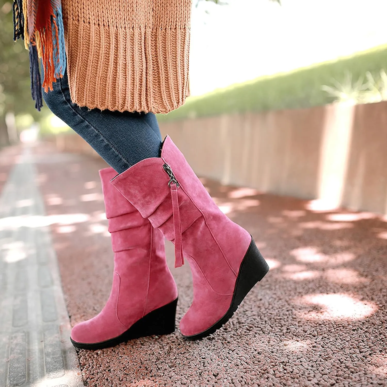 rismart Women Mid Calf Slouch Boot Wedge Heel Thin Fur Lined Suede Leather Winter Shoes