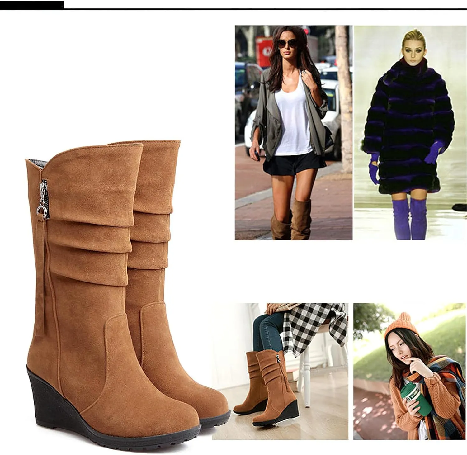 rismart Women Mid Calf Slouch Boot Wedge Heel Thin Fur Lined Suede Leather Winter Shoes