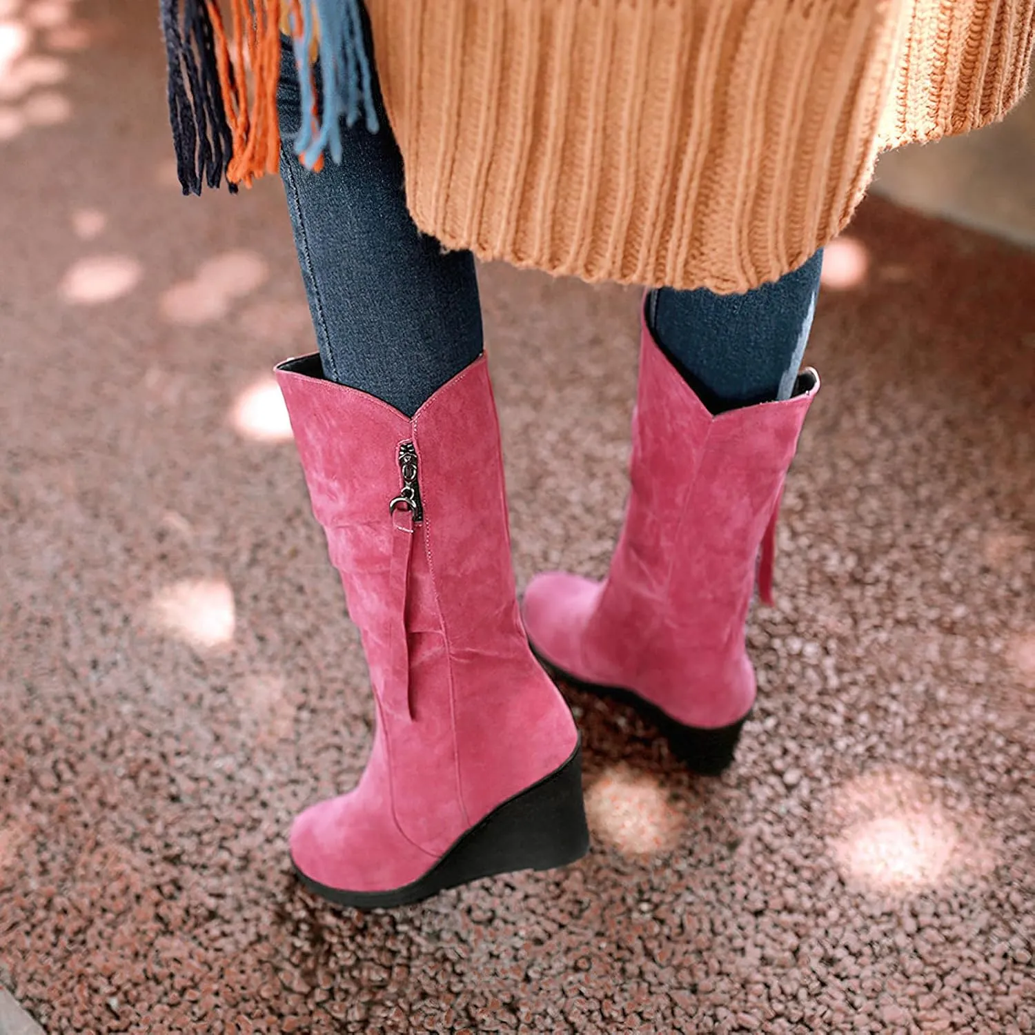 rismart Women Mid Calf Slouch Boot Wedge Heel Thin Fur Lined Suede Leather Winter Shoes
