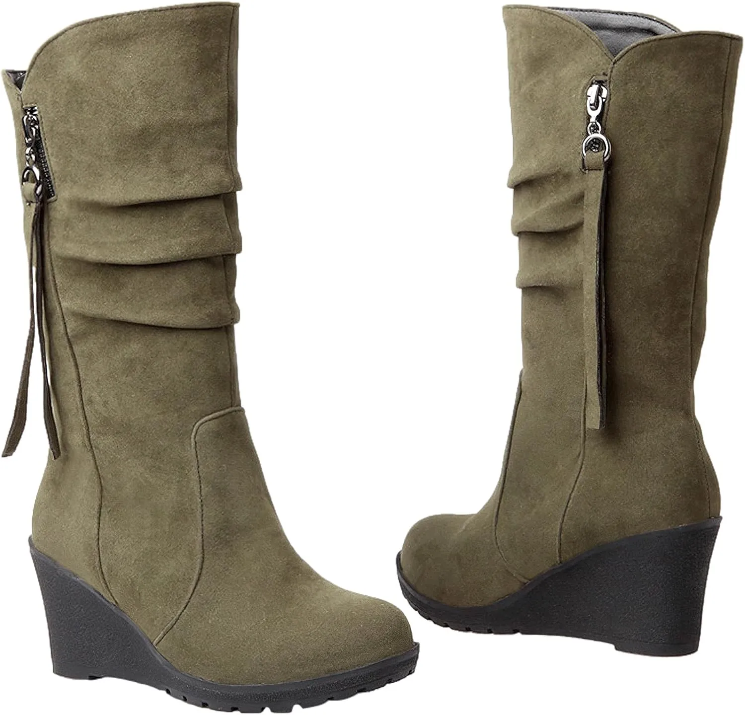 rismart Women Mid Calf Slouch Boot Wedge Heel Thin Fur Lined Suede Leather Winter Shoes