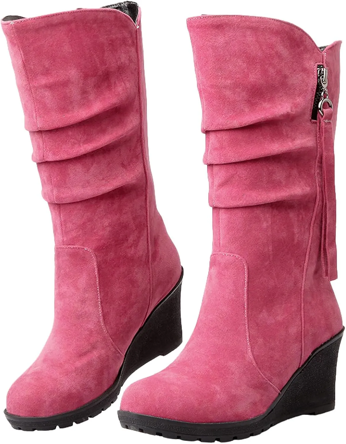 rismart Women Mid Calf Slouch Boot Wedge Heel Thin Fur Lined Suede Leather Winter Shoes