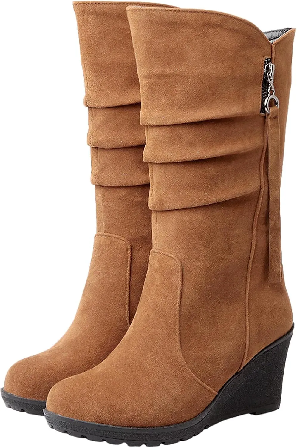 rismart Women Mid Calf Slouch Boot Wedge Heel Thin Fur Lined Suede Leather Winter Shoes