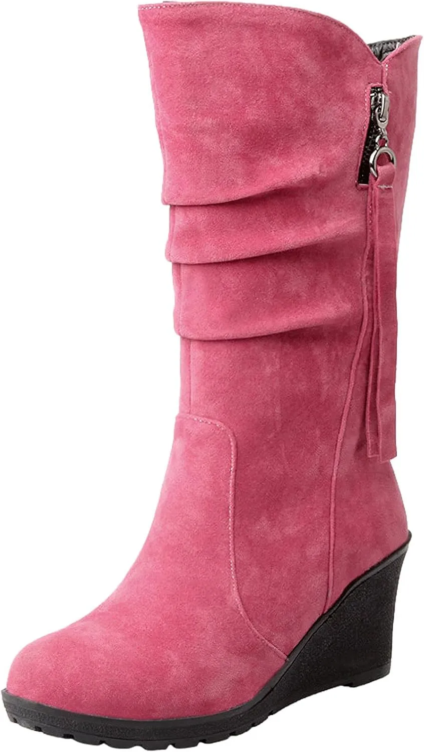 rismart Women Mid Calf Slouch Boot Wedge Heel Thin Fur Lined Suede Leather Winter Shoes
