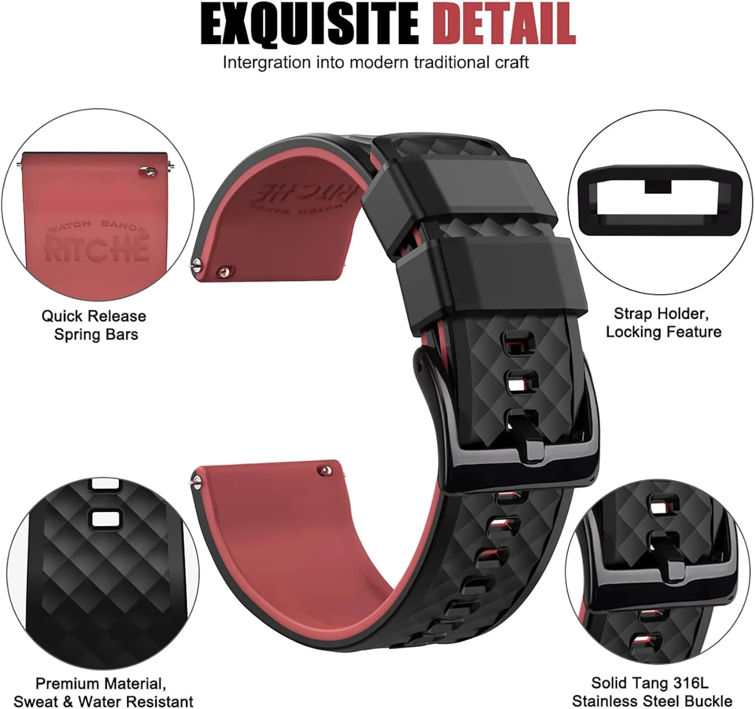 Ritche Christmas Gift Silicone Watch Bands 18mm 20mm 22mm 24mm Quick Release Rubber Watch Bands for Men, White Elephant Gifts, Stocking Stuffers For Men
