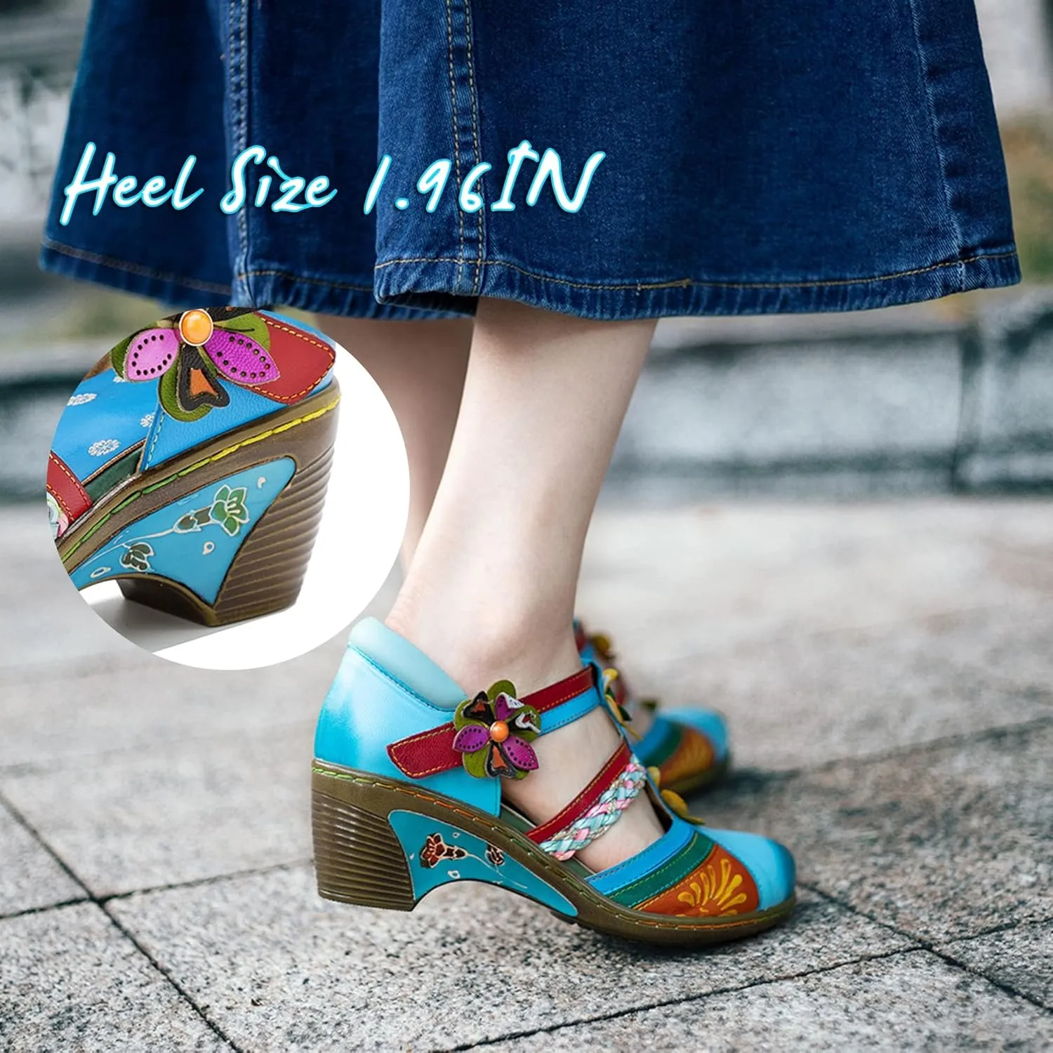 Riutiru Women's Handmade Lambskin Retro Casual Sandals for Spring and Summer, Contrast 3D Color-blocking Flower Comfortable High-heeled Sandals for Women