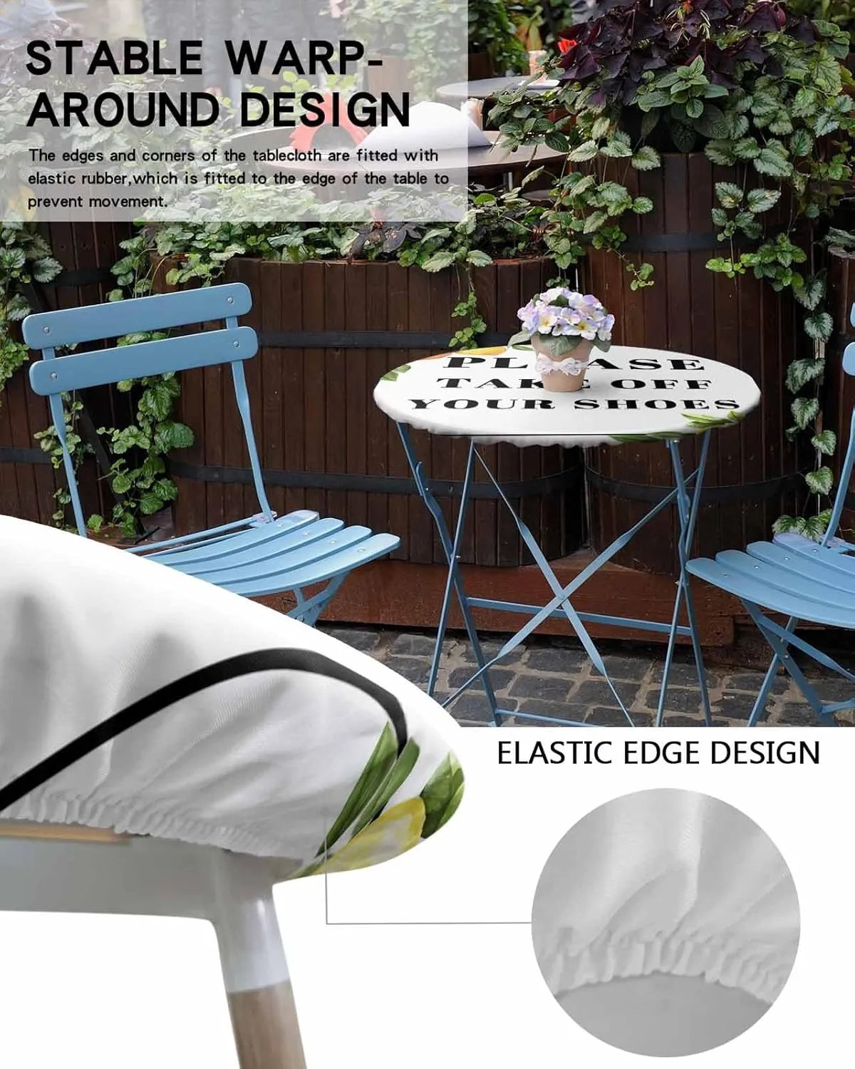 Round Fitted Tablecloth with Elastic Edge 36"-44",Funny Quotes Please Take Off Your Shoes Waterproof Oil-Proof Table Cover Tablecloths for Indoor Outdoor Party Picnic Banquet,Lemon on White