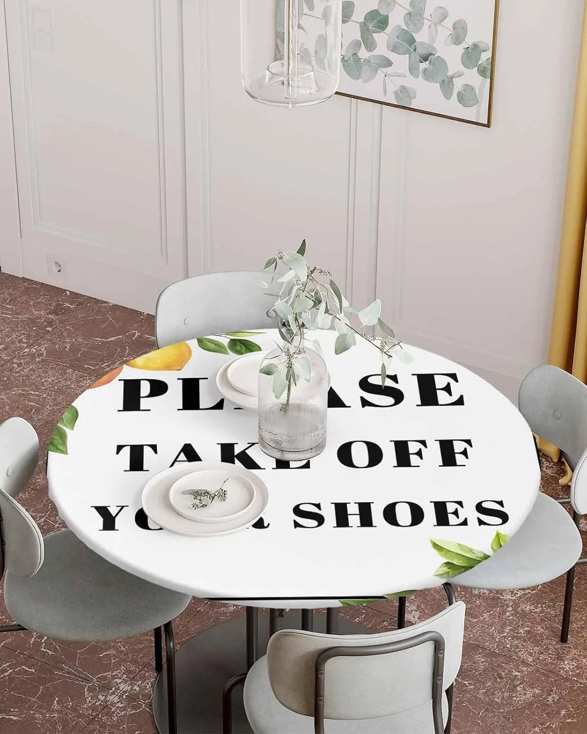 Round Fitted Tablecloth with Elastic Edge 36"-44",Funny Quotes Please Take Off Your Shoes Waterproof Oil-Proof Table Cover Tablecloths for Indoor Outdoor Party Picnic Banquet,Lemon on White