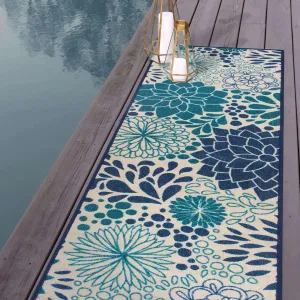 Rugshop Calvia Modern Floral Circles Non-Shedding Outdoor Rugs for Deck,Patio,Backyard Indoor/Outdoor Runner Rug 2' x 7' Blue