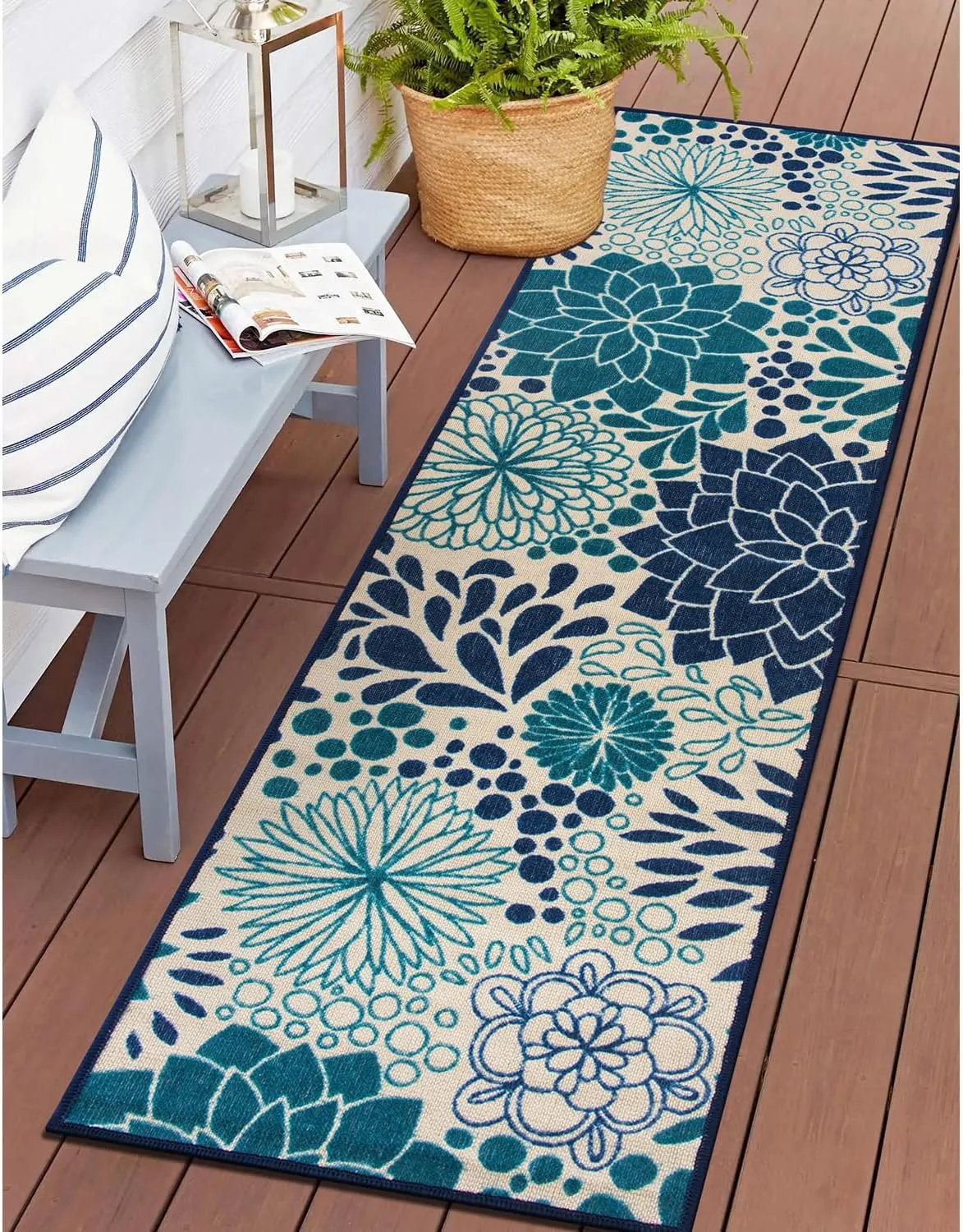 Rugshop Calvia Modern Floral Circles Non-Shedding Outdoor Rugs for Deck,Patio,Backyard Indoor/Outdoor Runner Rug 2' x 7' Blue