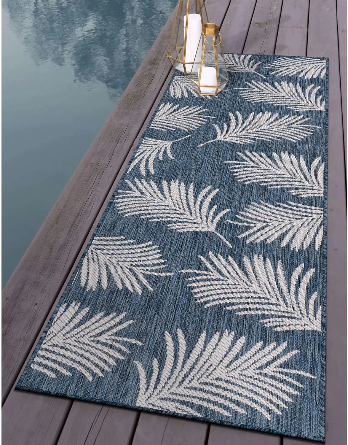 Rugshop Contemporary Palm Leaves Textured Flat Weave Easy-to-Clean Outdoor Rugs for Deck,Patio,Backyard Indoor/Outdoor Runner Rug 2' x 7' Navy