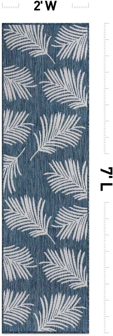 Rugshop Contemporary Palm Leaves Textured Flat Weave Easy-to-Clean Outdoor Rugs for Deck,Patio,Backyard Indoor/Outdoor Runner Rug 2' x 7' Navy