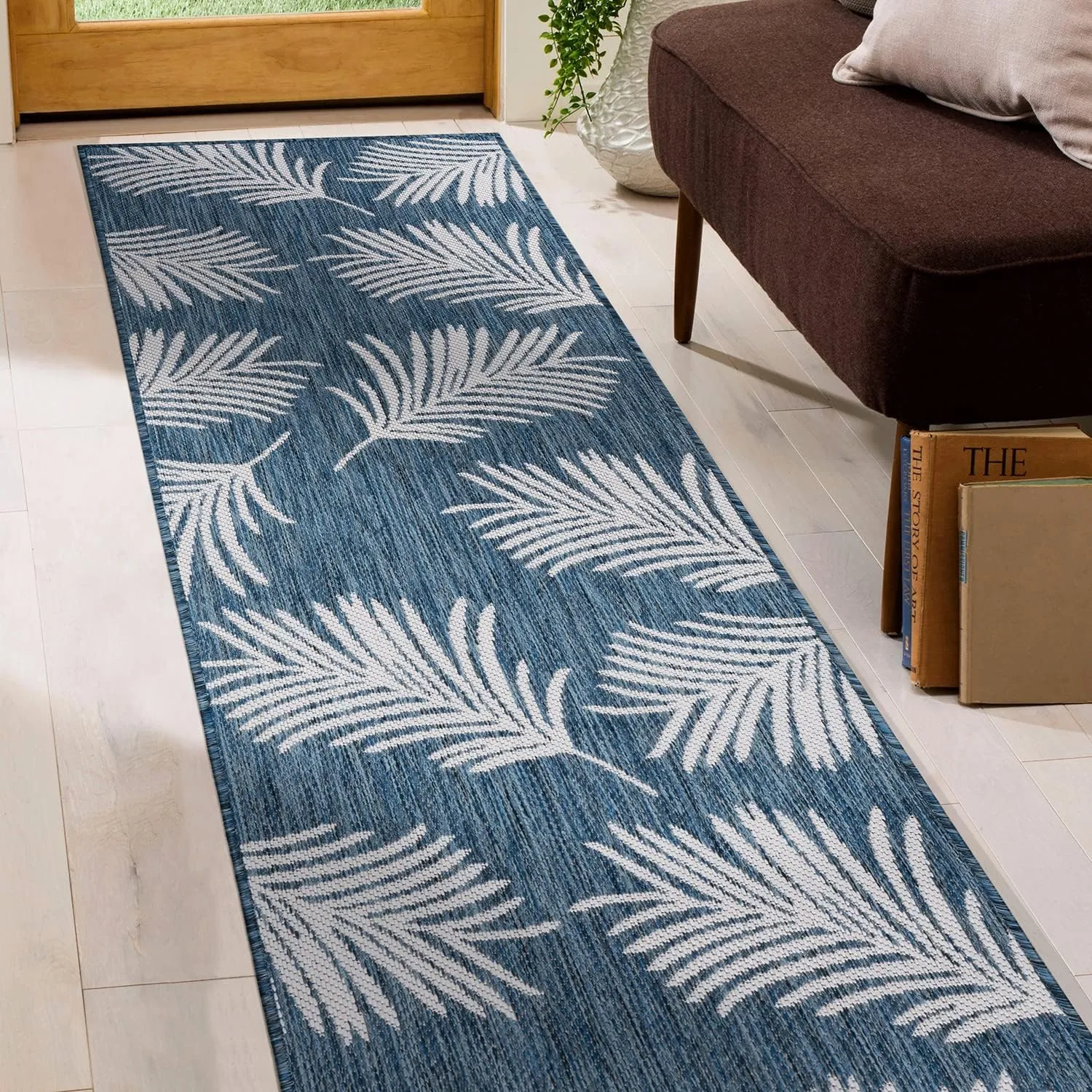 Rugshop Contemporary Palm Leaves Textured Flat Weave Easy-to-Clean Outdoor Rugs for Deck,Patio,Backyard Indoor/Outdoor Runner Rug 2' x 7' Navy
