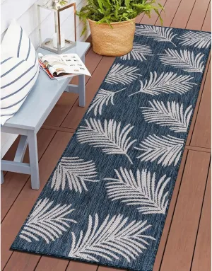 Rugshop Contemporary Palm Leaves Textured Flat Weave Easy-to-Clean Outdoor Rugs for Deck,Patio,Backyard Indoor/Outdoor Runner Rug 2' x 7' Navy