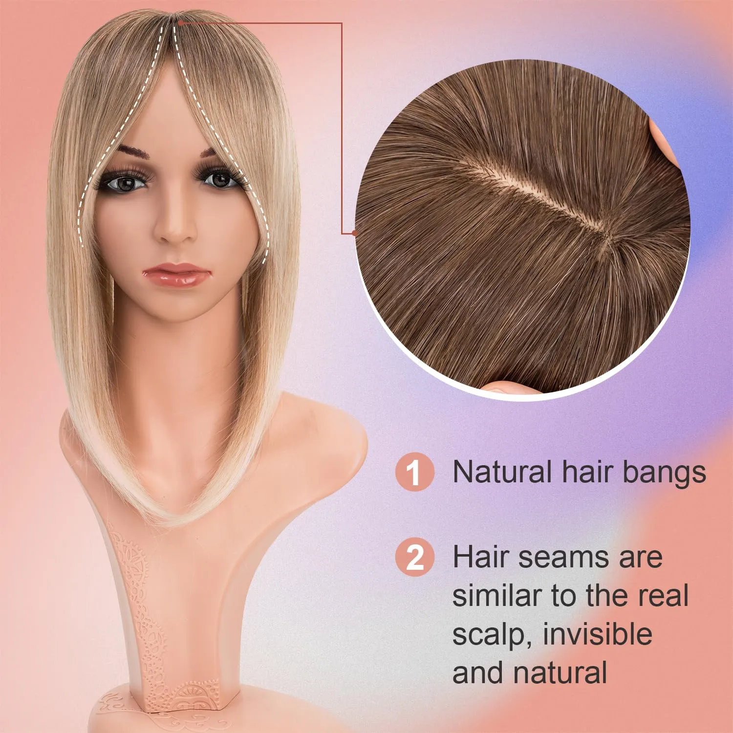 S-noilite Hair Toppers with Bangs for Women with Thinning Hair, Synthetic Clip in Wiglets Toppers Wigs Hair Pieces 6x6 Large Base 14 inch Brown Mixed Blonde to White Straight Hair Toppers