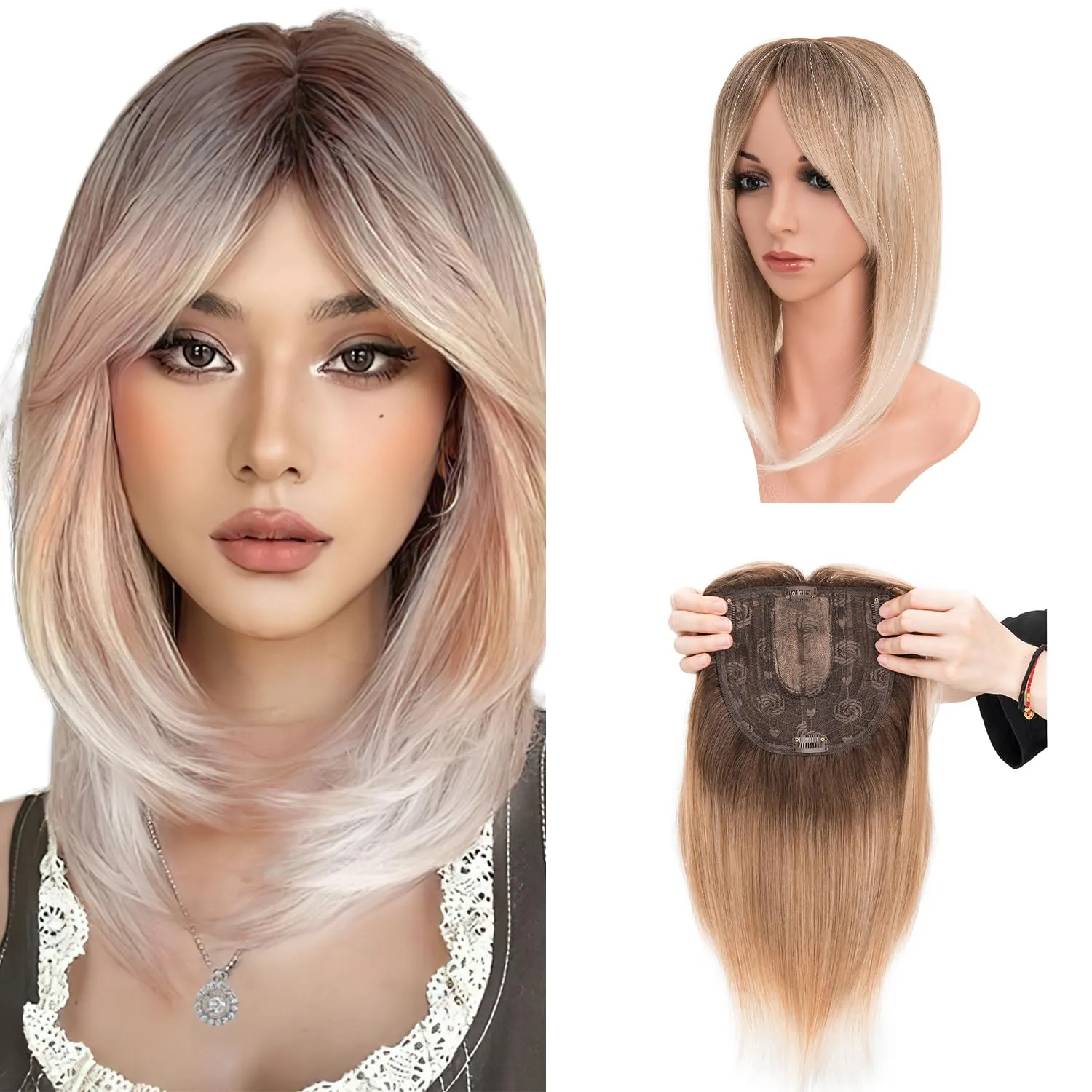 S-noilite Hair Toppers with Bangs for Women with Thinning Hair, Synthetic Clip in Wiglets Toppers Wigs Hair Pieces 6x6 Large Base 14 inch Brown Mixed Blonde to White Straight Hair Toppers