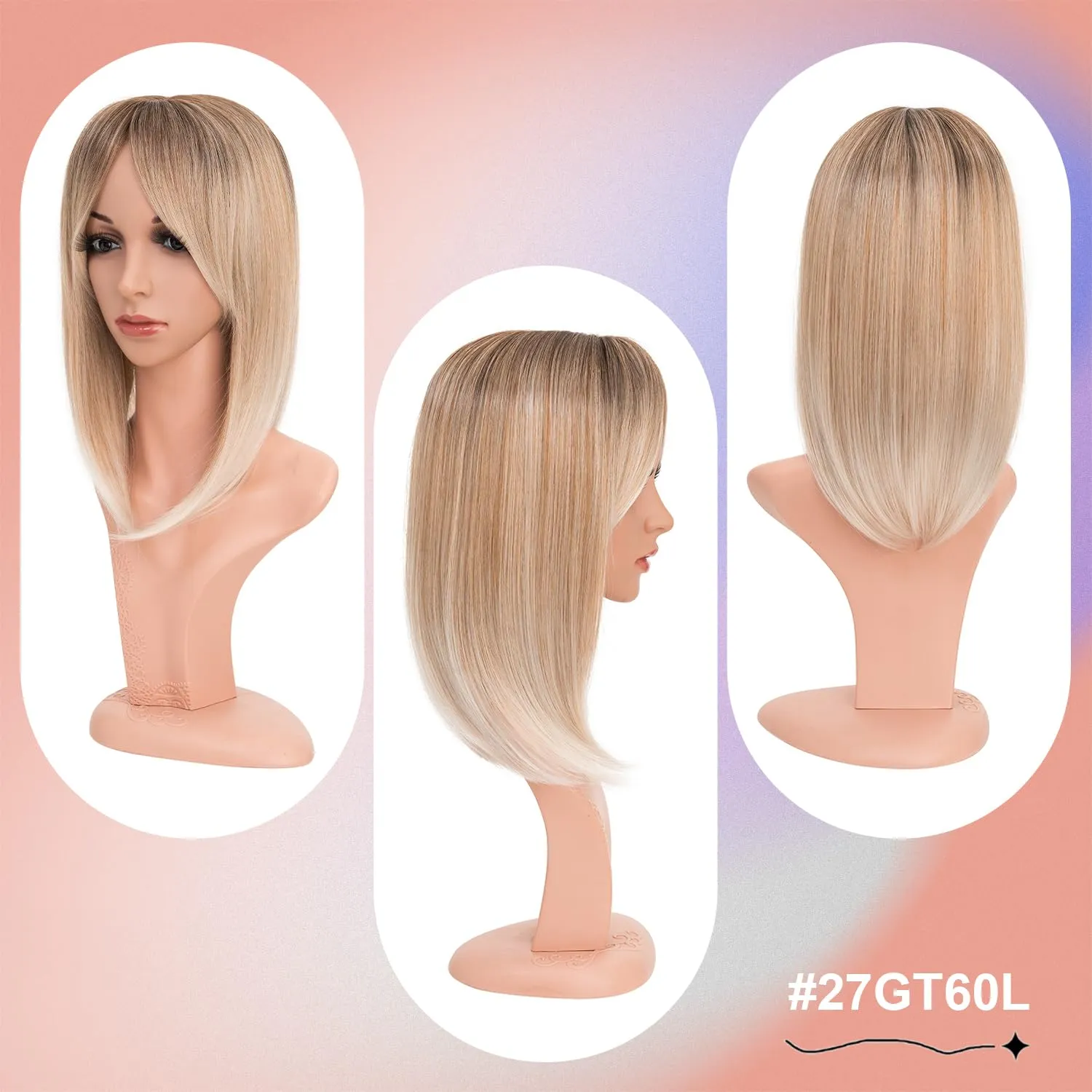 S-noilite Hair Toppers with Bangs for Women with Thinning Hair, Synthetic Clip in Wiglets Toppers Wigs Hair Pieces 6x6 Large Base 14 inch Brown Mixed Blonde to White Straight Hair Toppers