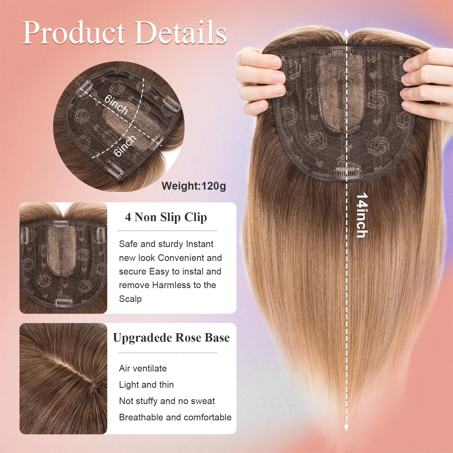 S-noilite Hair Toppers with Bangs for Women with Thinning Hair, Synthetic Clip in Wiglets Toppers Wigs Hair Pieces 6x6 Large Base 14 inch Brown Mixed Blonde to White Straight Hair Toppers