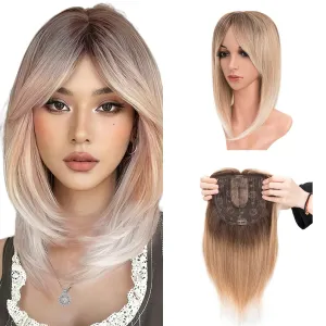 S-noilite Hair Toppers with Bangs for Women with Thinning Hair, Synthetic Clip in Wiglets Toppers Wigs Hair Pieces 6x6 Large Base 14 inch Brown Mixed Blonde to White Straight Hair Toppers