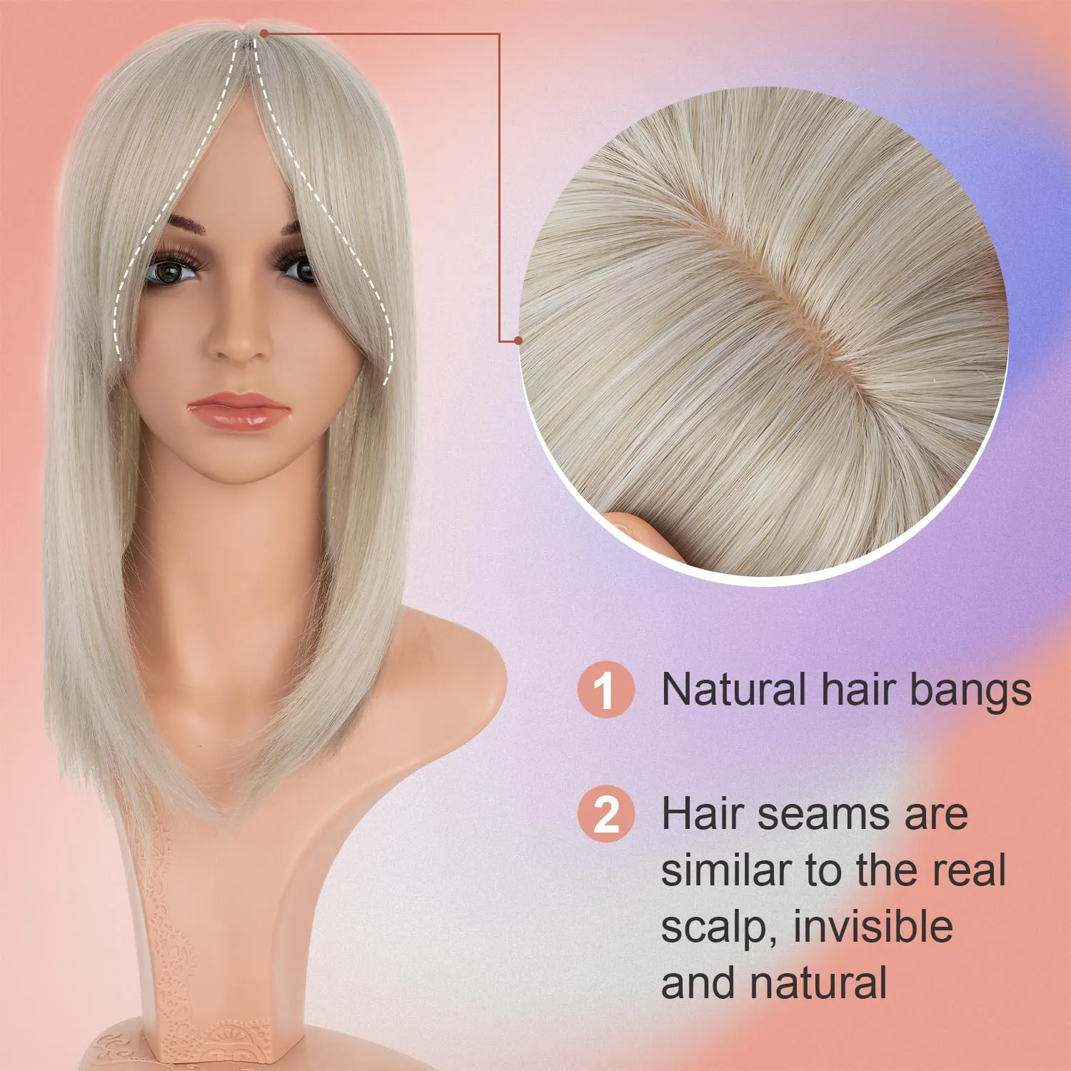 S-noilite Hair Toppers with Bangs for Women with Thinning Hair, Synthetic Clip in Wiglets Toppers Wigs Hair Pieces 6x6 Large Base 14 inch Grey mixed Blonde Highlights Straight Hair Toppers
