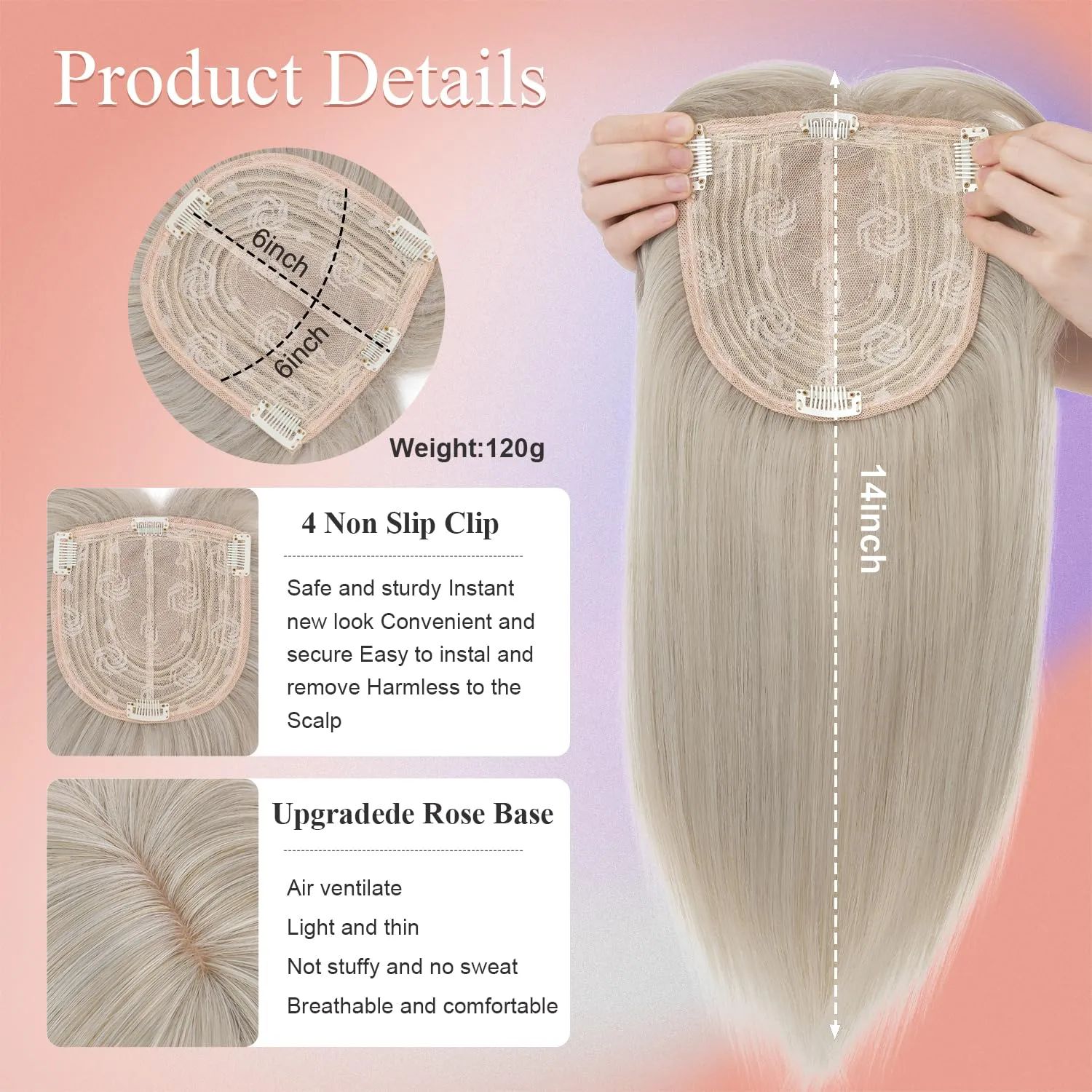 S-noilite Hair Toppers with Bangs for Women with Thinning Hair, Synthetic Clip in Wiglets Toppers Wigs Hair Pieces 6x6 Large Base 14 inch Grey mixed Blonde Highlights Straight Hair Toppers